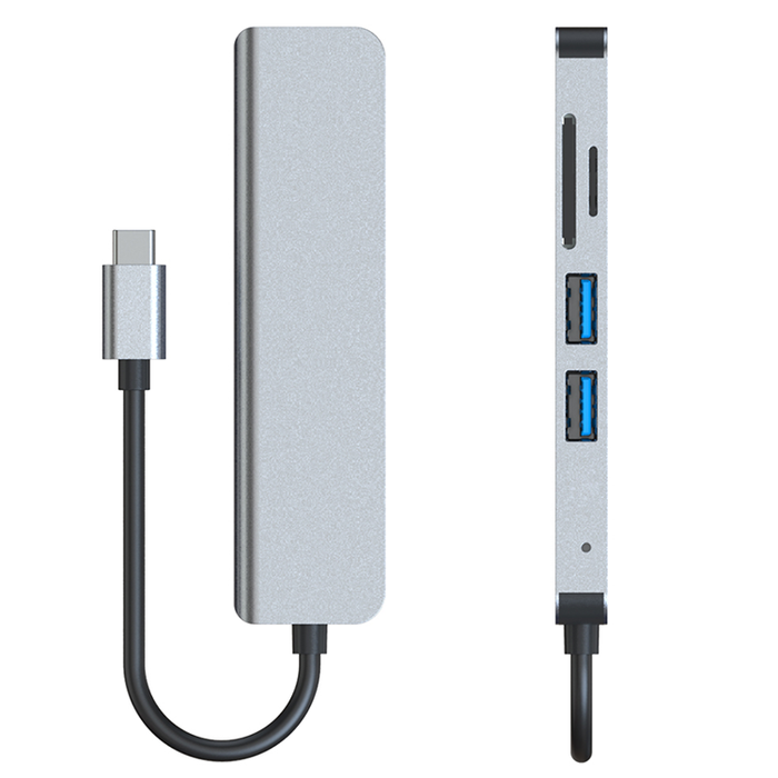 Laptop Adapter with USB and Card Reader: silver, black USB-C multiport hub, minimal style