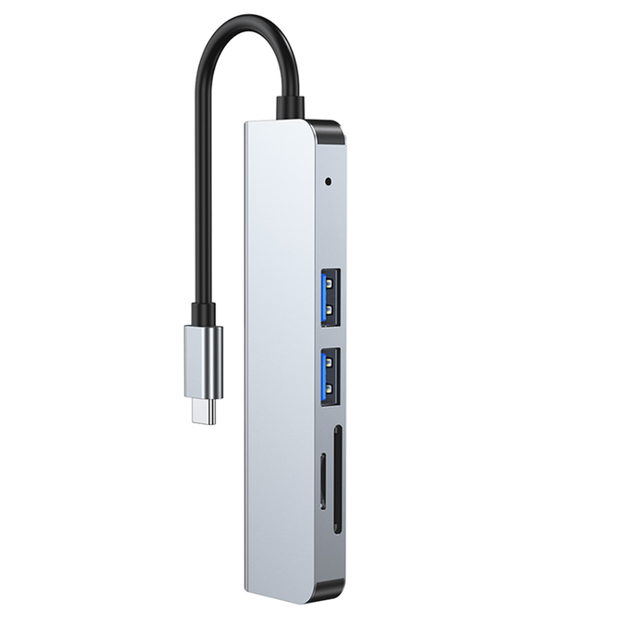 Laptop Adapter with USB and Card Reader: silver, black USB-C multiport hub, minimal style