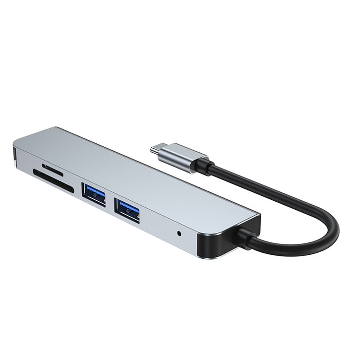 Laptop Adapter with USB and Card Reader: silver, black USB-C multiport hub, minimal style