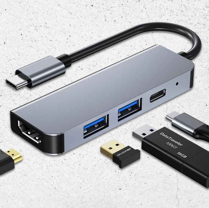 Laptop Docking Station with HDMI and USB: silver, black USB-C multiport hub/adapter, minimal style