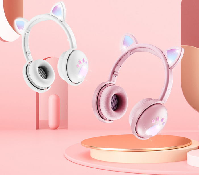 LED Cat Ear Headphones with Immersive Sound: pink, light blue cat, kawaii style