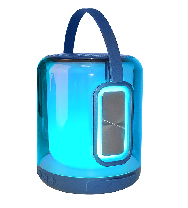 LED Party Speaker with Super Bass: transparent cyan blue, dark blue portable lantern/speaker-like device, minimal modern styl