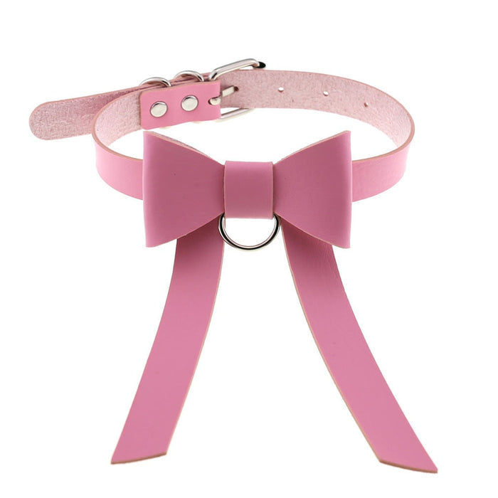 Light pink choker with various options: pink, silver decorative collar/choker assortment, kawaii style