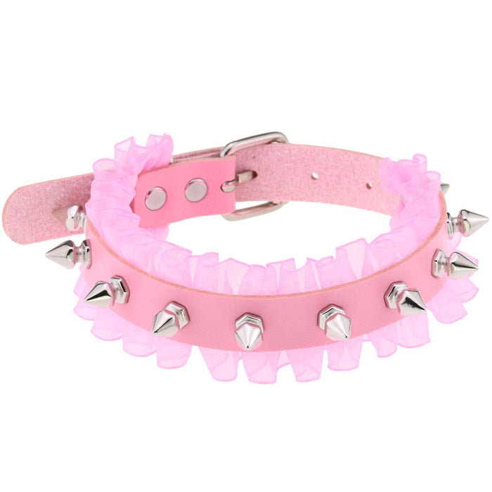Light pink choker with various options: pink, silver decorative collar/choker assortment, kawaii style