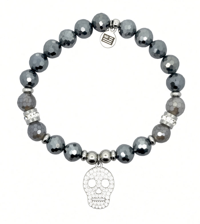 Limited Edition Exclusive Sterling Silver Skull CZ Charm with Terahertz Gemstone Bracelet