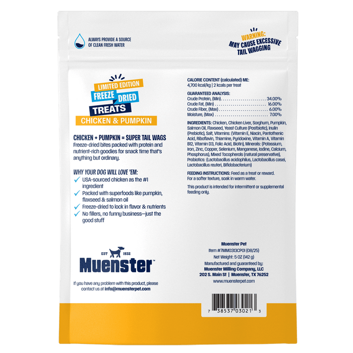 Back of a Muenster pet food package with text and branding.
