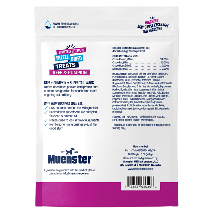 Back of a Muenster pet treats beef and pumpkin package with text and branding.