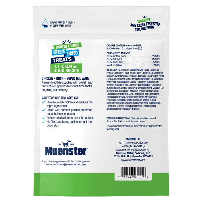 Back of a Muenster pet food package chicken and duck treats with text and branding.
