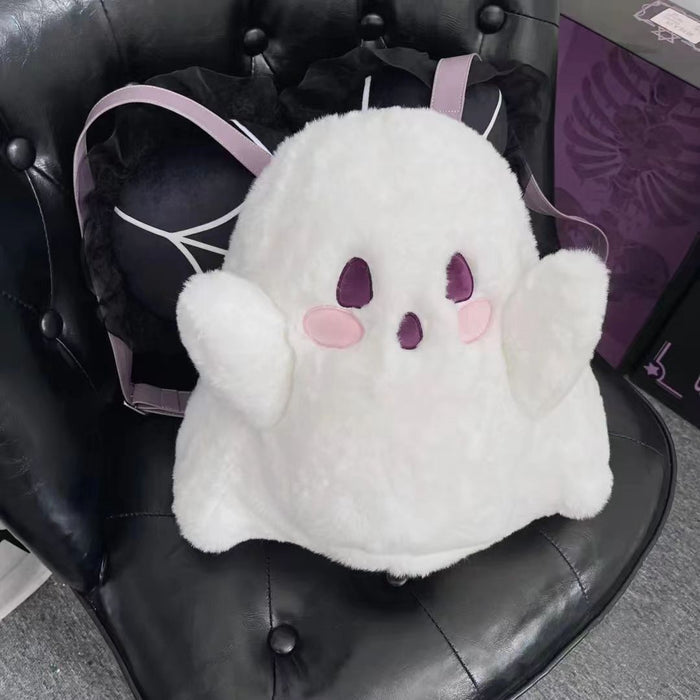 Little Ghost Kawaii Plushie Backpack: white, black ghost character, kawaii cartoon style