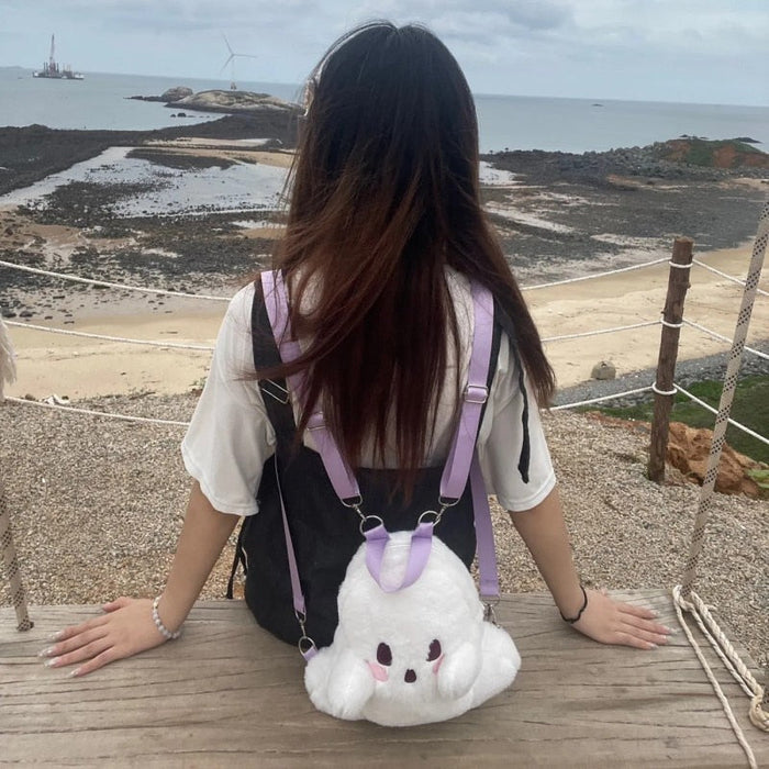 Little Ghost Kawaii Plushie Backpack: white, black ghost character, kawaii cartoon style