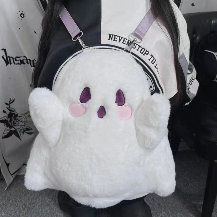 Little Ghost Kawaii Plushie Backpack: white, black ghost character, kawaii cartoon style
