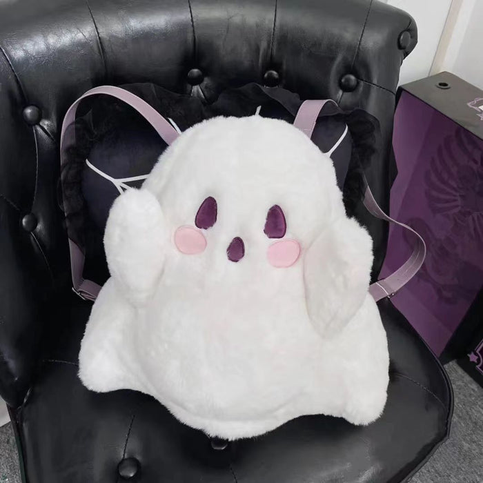 Little Ghost Kawaii Plushie Backpack: white, black ghost character, kawaii cartoon style