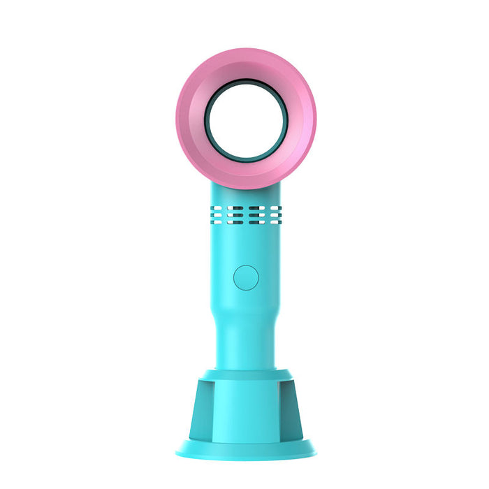 Mini USB Desk Fan with 3 Speeds: pink, gray handheld bladeless fan with phone holder, modern minimal style