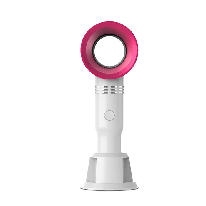 Mini USB Desk Fan with 3 Speeds: pink, gray handheld bladeless fan with phone holder, modern minimal style