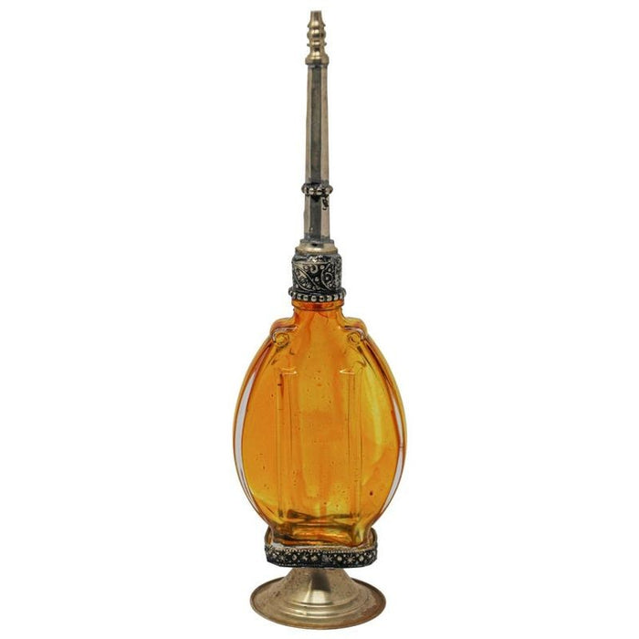 Moroccan Amber Footed Glass Perfume Bottle Sprinkler with Embossed Metal Overlay