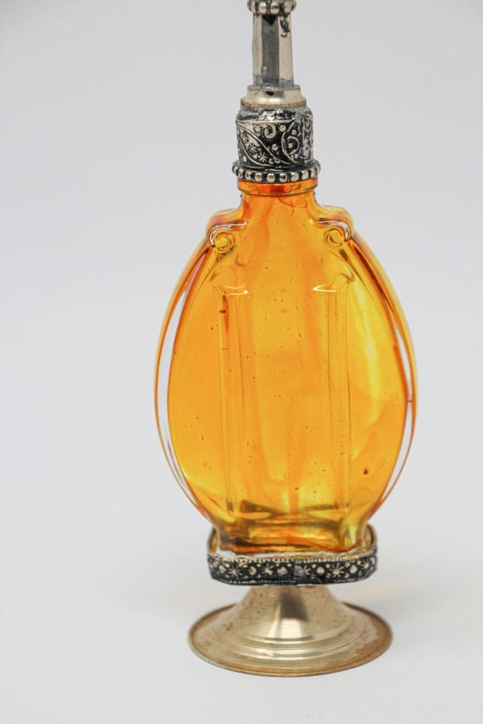 Moroccan Amber Footed Glass Perfume Bottle Sprinkler with Embossed Metal Overlay