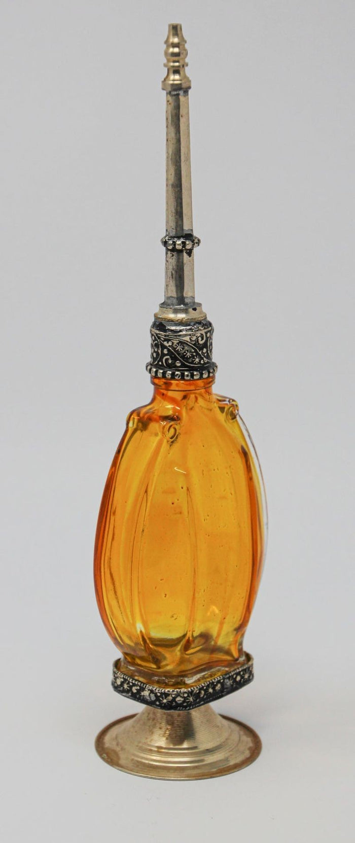 Moroccan Amber Footed Glass Perfume Bottle Sprinkler with Embossed Metal Overlay