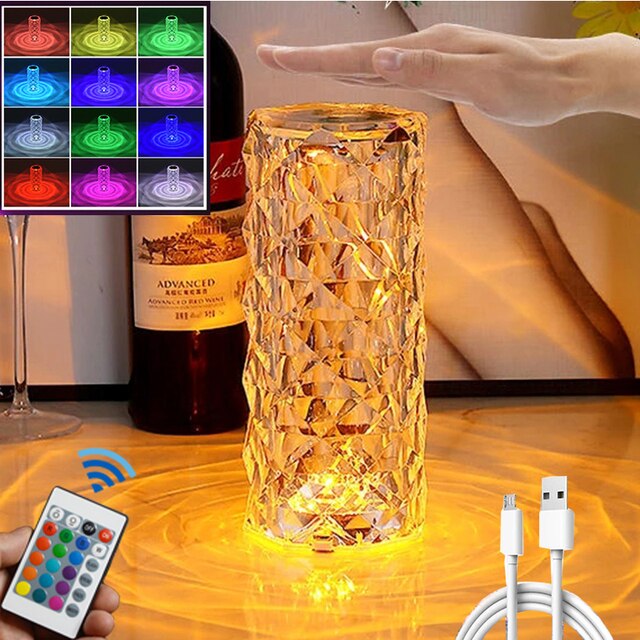 Multicoloured Crystal Lamp with 16 Colors: transparent, golden yellow decorative LED table lamp, modern decorative style