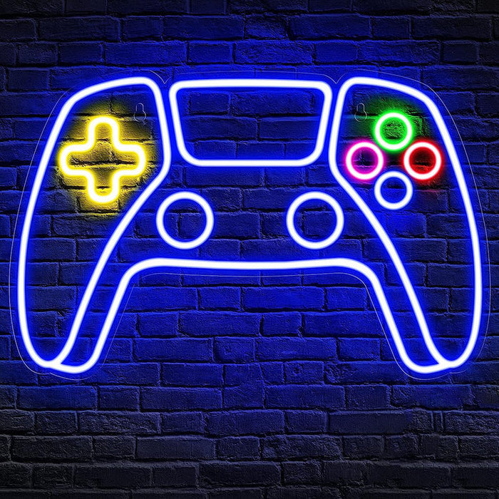 Neon Party LED Sign: Vibrant Elegance: blue, white video game controller, minimal cartoon style