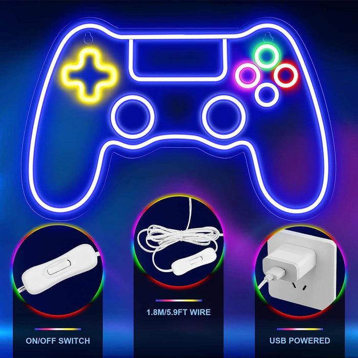 Neon Party LED Sign: Vibrant Elegance: blue, white video game controller, minimal cartoon style
