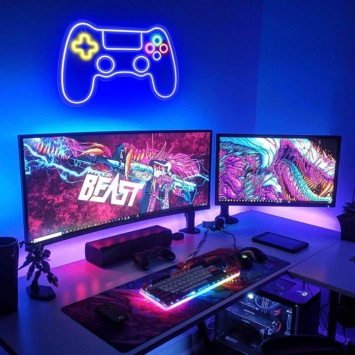 Neon Party LED Sign: Vibrant Elegance: blue, white video game controller, minimal cartoon style