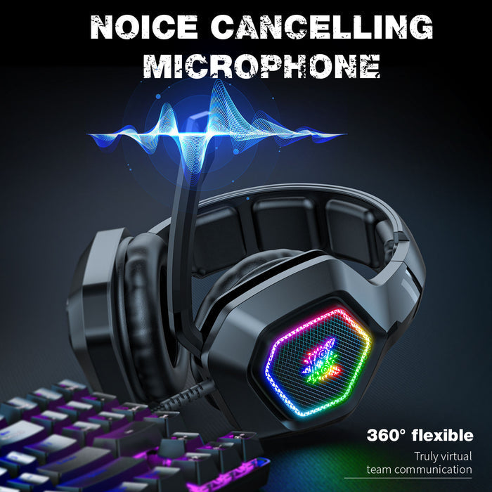 Onikuma RGB Gaming Headphones: Immersive, Durable, Multi-Platform: black, multicolor RGB lighting over-ear gaming headset, mo