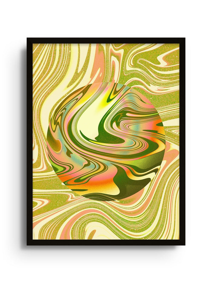 ORB - Fergus Hannant abstract art print featuring a swirling green, yellow, and peach orb with a black frame.