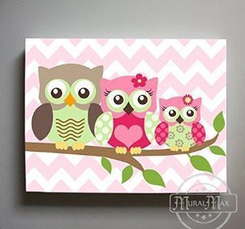 Owl Baby Girl Nursery Decor - Mom Dad Baby Owl Perched On A Branch - Canvas Decor-MuralMax Interiors