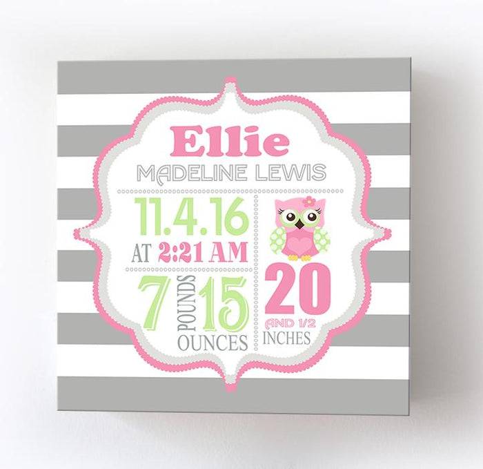 Owl Nursery Baby Birth Stats Girl Nursery Wall Art - New Baby Birth Announcement GiftsBaby ProductMuralMax Interiors