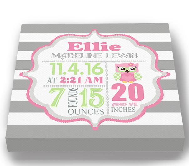 Owl Nursery Baby Birth Stats Girl Nursery Wall Art - New Baby Birth Announcement GiftsBaby ProductMuralMax Interiors