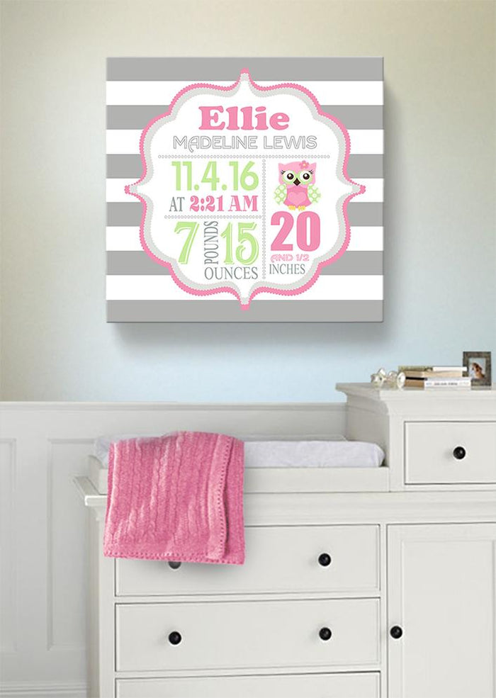 Owl Nursery Baby Birth Stats Girl Nursery Wall Art - New Baby Birth Announcement GiftsBaby ProductMuralMax Interiors