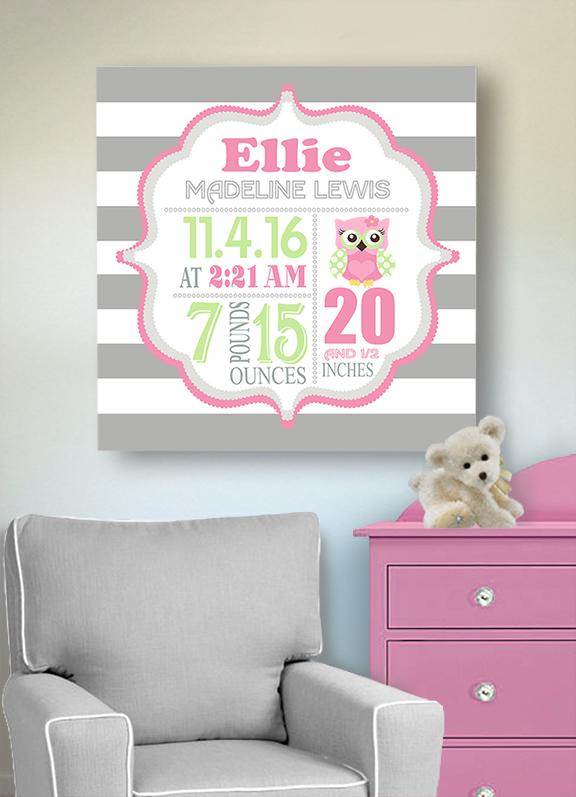 Owl Nursery Baby Birth Stats Girl Nursery Wall Art - New Baby Birth Announcement GiftsBaby ProductMuralMax Interiors