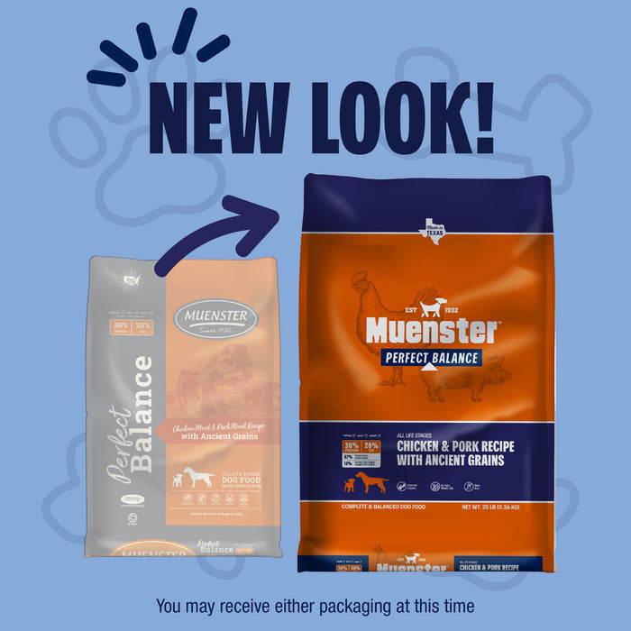 Perfect Balance Chicken Meal & Pork Meal Recipe with Ancient Grains Dog Food packaging transition from old bag to new bag