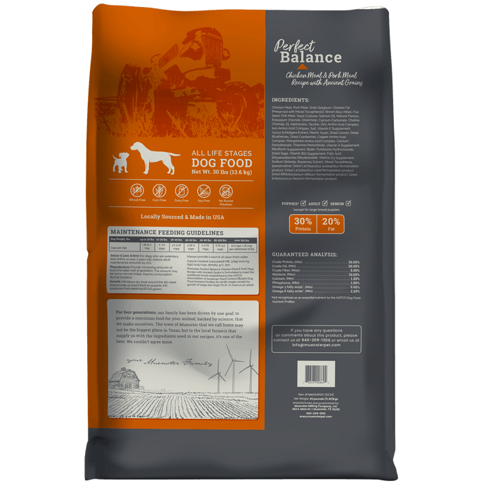 Back of a Perfect Balance dog food bag showing feeding guidelines, ingredients list, guaranteed analysis, and product icons. The packaging is mainly orange and gray with dog illustrations.