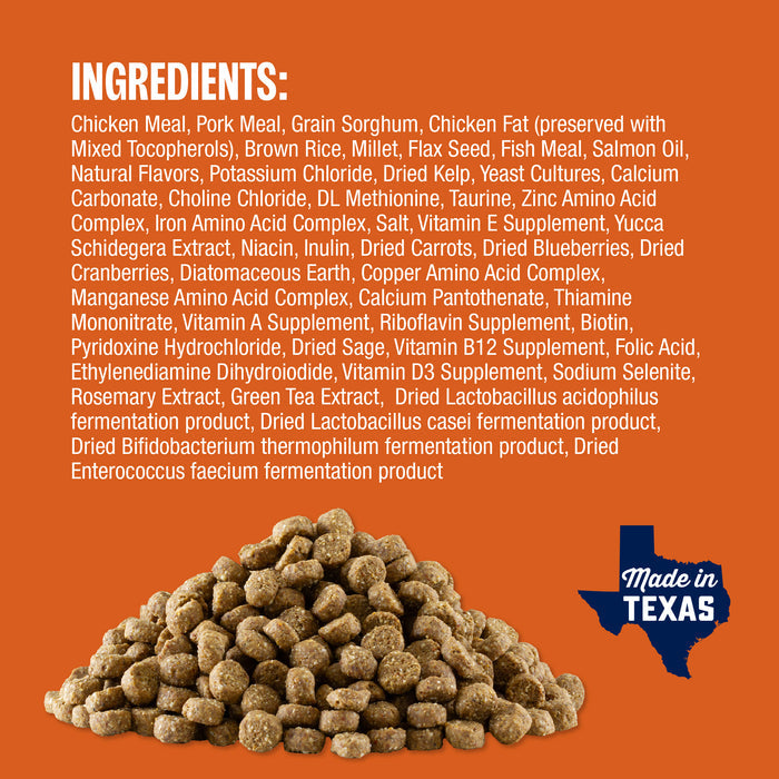 ingredients for Perfect Balance Chicken Meal & Pork Meal Recipe with Ancient Grains Dog Food with kibble shown below