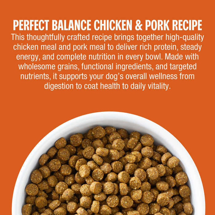 A bowl filled with brown kibble dog food on an orange background with white text reading 'PERFECT BALANCE CHICKEN & PORK RECIPE' and descriptive copy about the meal.