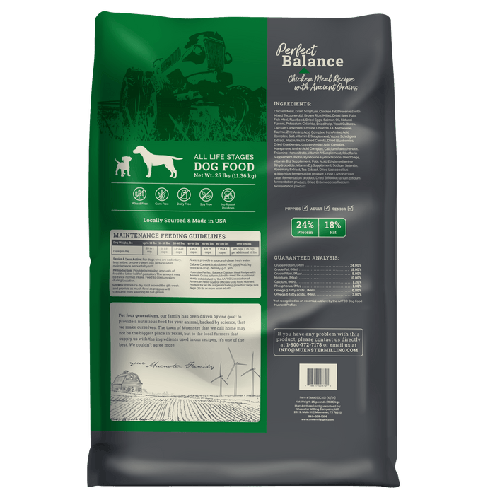 Muenster Perfect Balance Chicken Meal 25 lb package with green and gray design on a white background