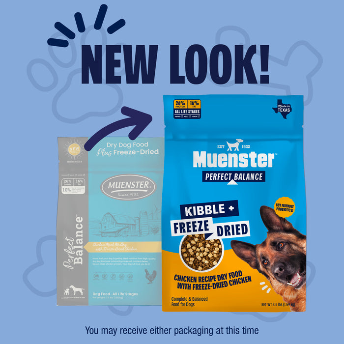Image comparing old and new dog food packaging, showing an updated design for Muenster Perfect Balance with "NEW LOOK!" text on a blue background