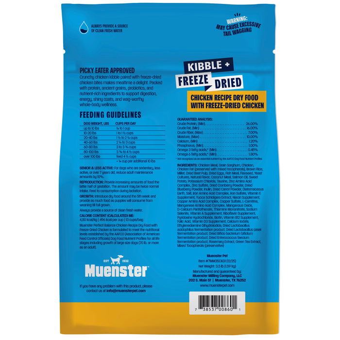 Back of a blue pet food bag labeled "Kibble + Freeze Dried," featuring a chicken recipe dry food. Includes feeding guidelines and nutritional information.
