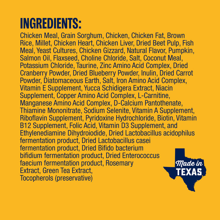 A list of ingredients on a yellow background with "INGREDIENTS:" at the top and "Made in TEXAS" in a black emblem on the side.