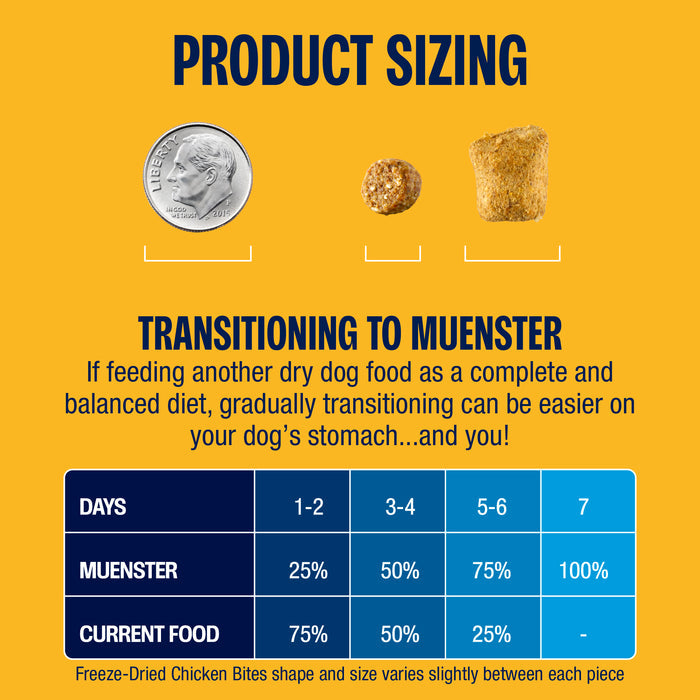 Product sizing chart for transitioning to Muenster dog food with visual aids and text on a yellow background.
