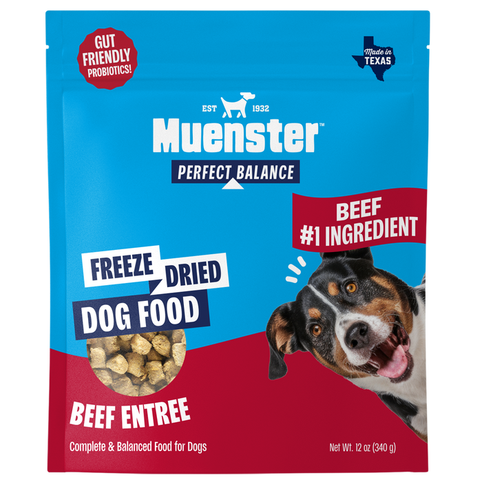 Muenster Perfect Balance freeze-dried dog food package with a dog on a blue and red background