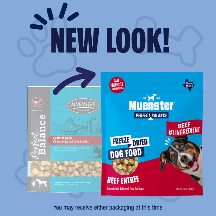Two packages of Muenster Perfect Balance dog food on a blue background with text indicating 'New Look'.