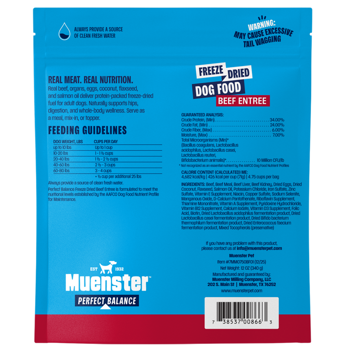 Back of a Muenster Perfect Balance freeze-dried dog food package with text and branding.