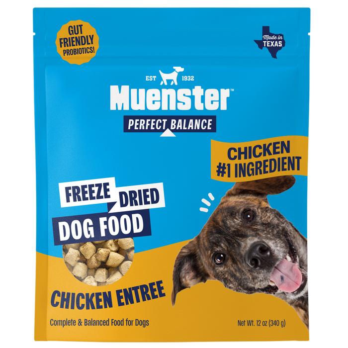 Bright blue dog food package featuring a dog's face, labeled "Muenster Perfect Balance" and highlighting "Chicken #1 Ingredient."