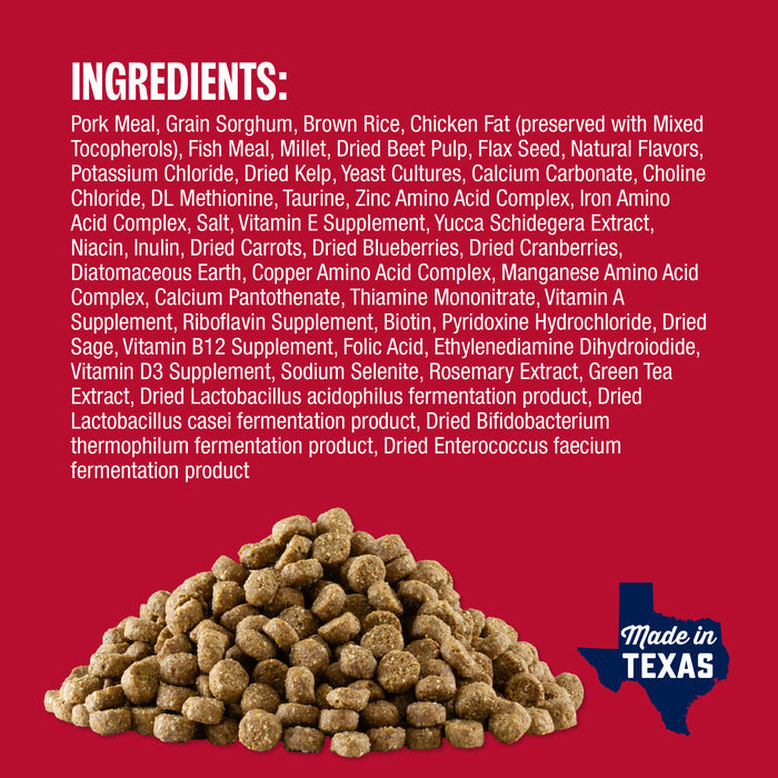 Ingredients for Perfect Balance Pork Meal Recipe with Ancient Grains Dog Food with kibble shown below