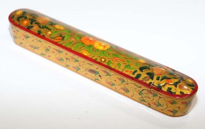 Persian Lacquer Pen Box Hand Painted with Floral and Gilt Design