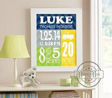 Personalized Chevron Birth Announcement Theme - Custom Truck Nursery Decor - Unframed Print-B018GTC8XS-MuralMax Interiors