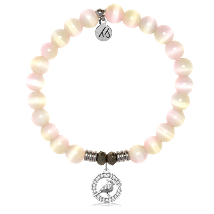 Pink Champagne Cats Eye Gemstone Bracelet with Cardinal White CZ Sterling Silver Charm