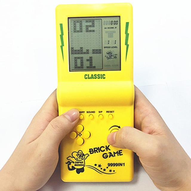 Pocket Brick, Handheld Game Console: bright yellow, gray-green LCD screen brick/block puzzle game theme, retro electronic gam